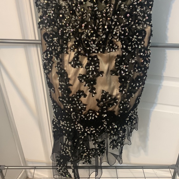 Black Lace Asymmetrical Gem Covered Dress with Nude Underlay - Picture 3 of 8